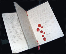 Det ursprungliga dokumentet från den första Genève-konventionen 1864 såg till att sårade soldater.